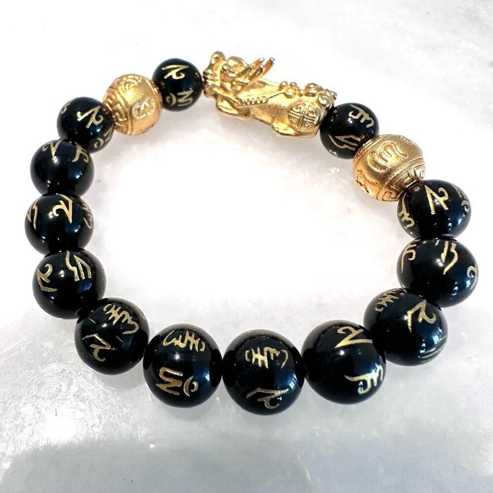 NWOT Handmade Fung Shui Black Dragon Obsedian Beads Wealth Lucky Charm Elastic B